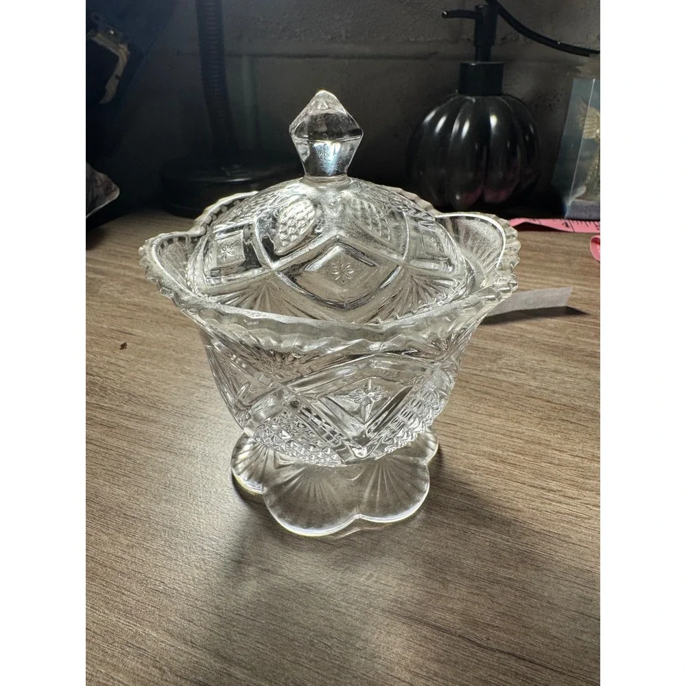 Vintage Crystal Candy Dishes Set of 2 Lidded Glass Bowls Diamond Cut Pattern